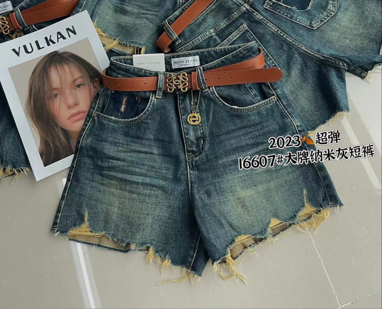 欧货 Mini jeans 超弹力 牛仔短裤女高腰深蓝色怀旧热裤毛边