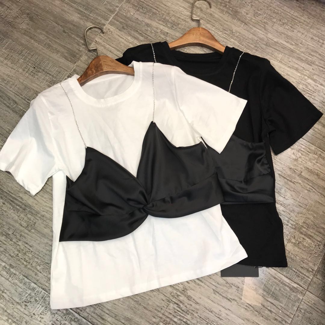 特！欧洲站Mangu coco春夏新款拼接真丝吊带假两件上衣T恤女