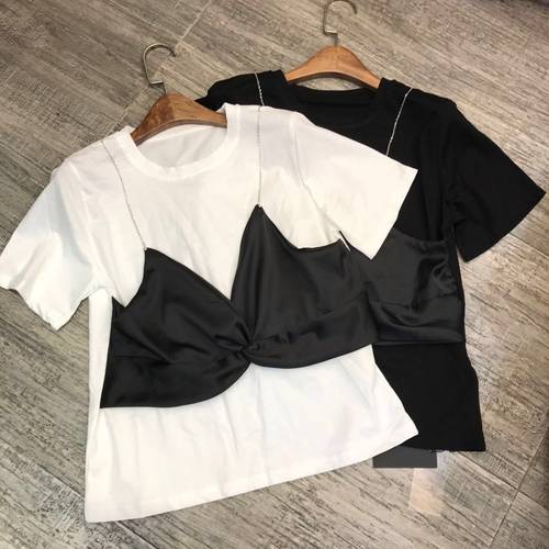 特！欧洲站Mangu coco春夏新款拼接真丝吊带假两件上衣T恤女