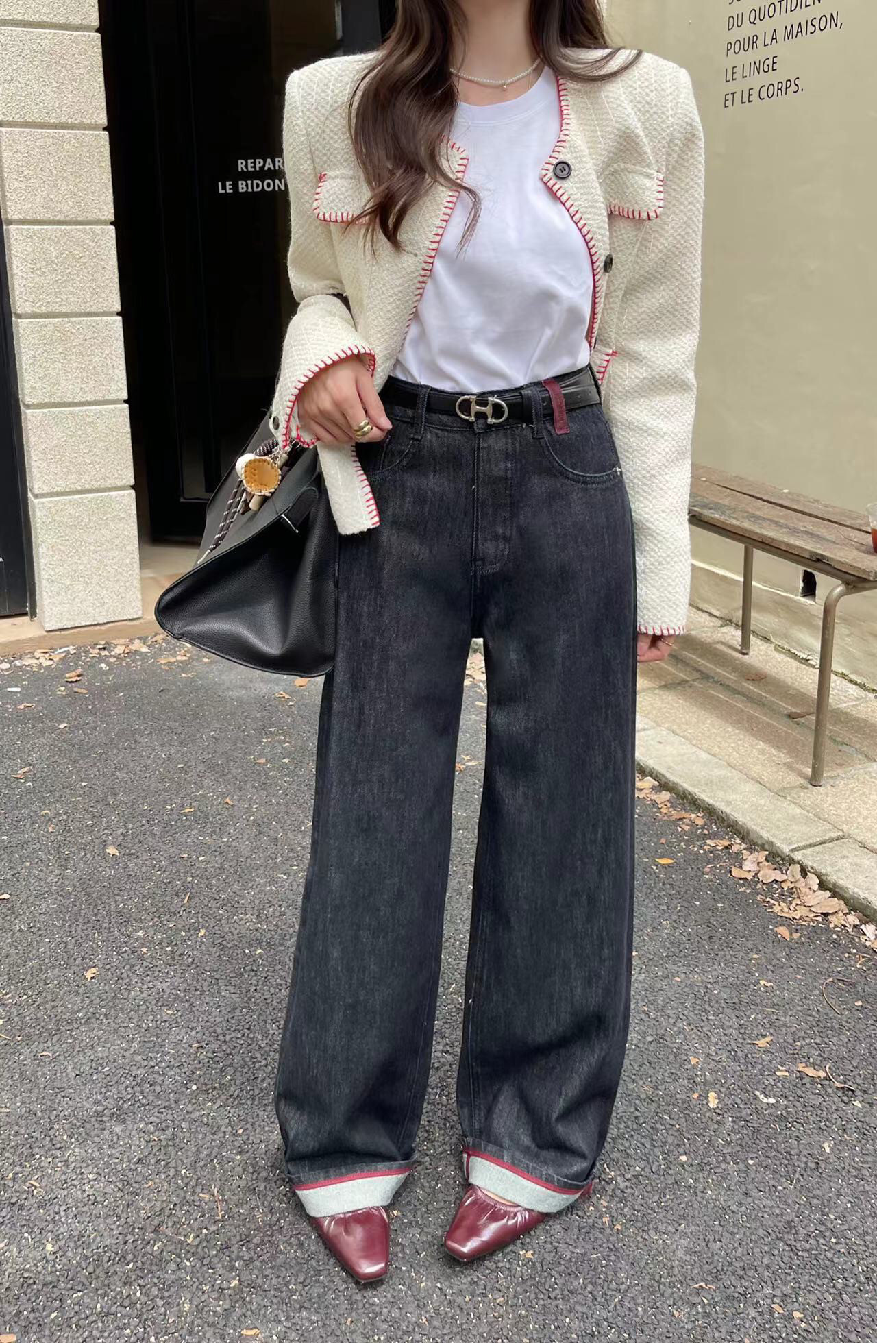 2024 MINI JEANS 17520秋新款普洗黑直筒阔腿裤牛仔裤女 红色织带