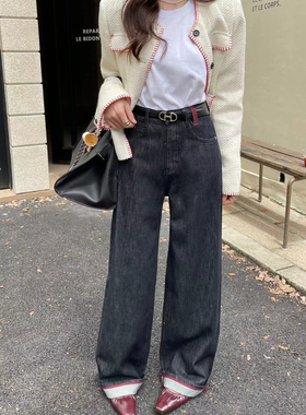 2024 MINI JEANS 17520秋新款普洗黑直筒阔腿裤牛仔裤女 红色织带