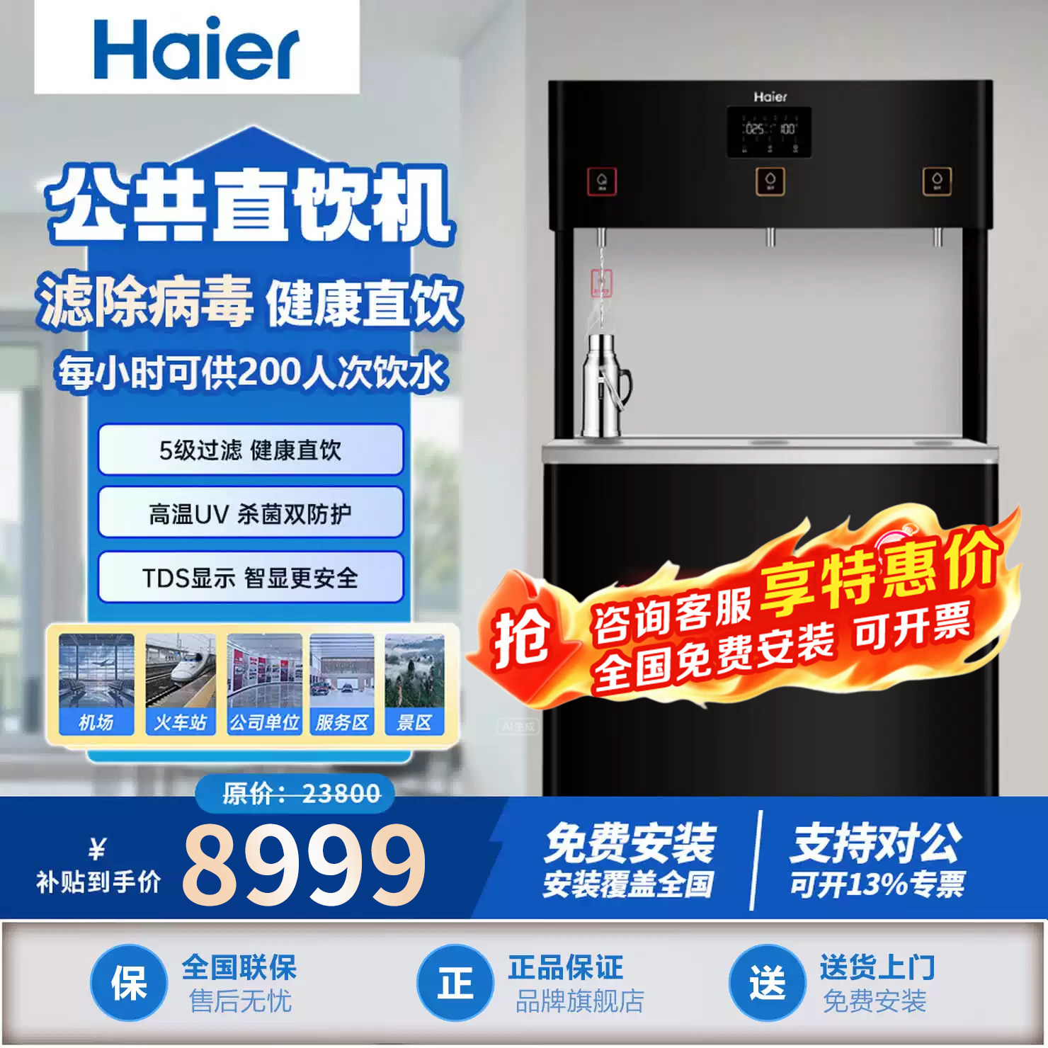 海尔HLZR400A-3L商用净水器学校工厂茶水间反渗透公共直饮机