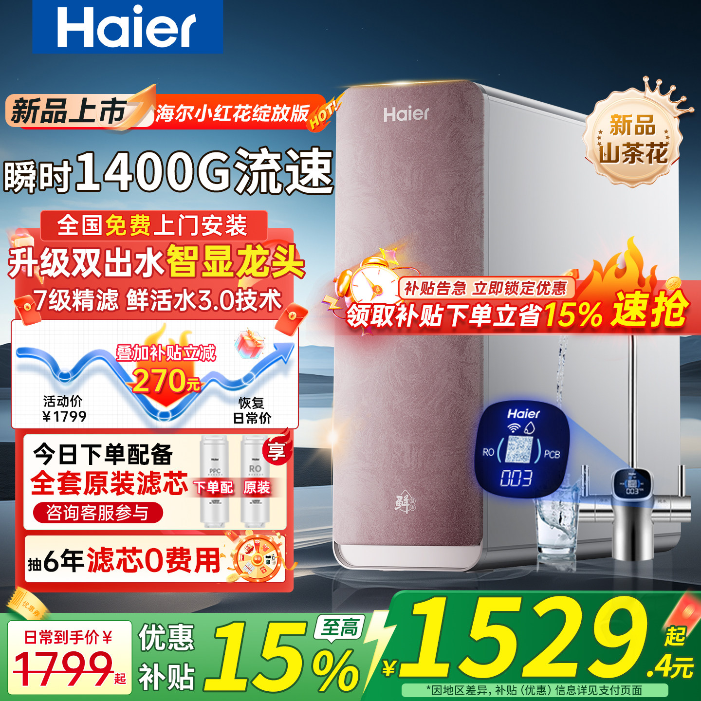 政府补贴海尔净水器家用直饮1400G鲜活水厨房反渗透过滤净饮一体