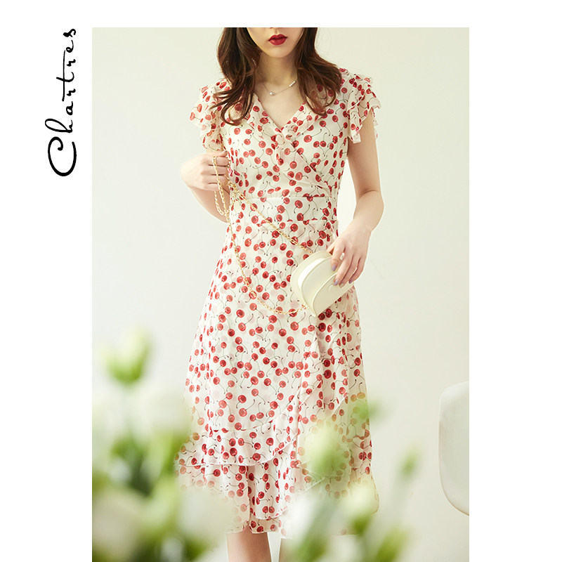 清仓 樱桃印花荷叶边茶歇裙2020新款夏轻熟风收腰雪纺连衣裙女