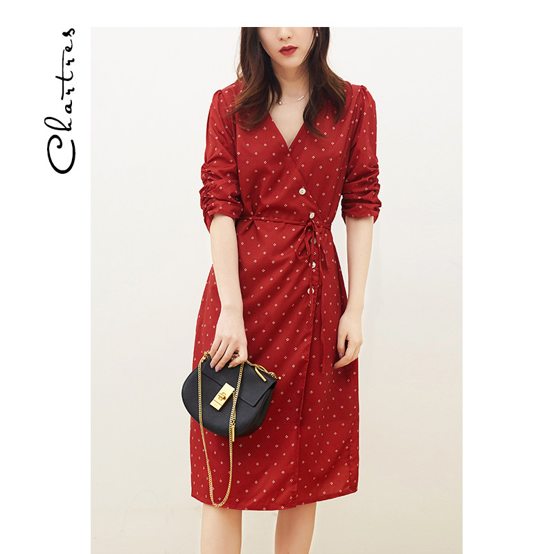 清仓 法式复古茶歇裙2020新款红色桔梗裙过膝v领中袖雪纺连衣裙女