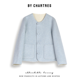 欧若风两面穿双面呢女小个子短款宽松70绵羊毛外套 一衣两穿上衣