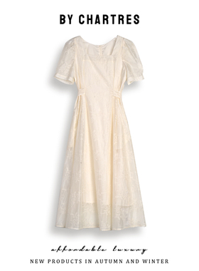 2025夏新款 方领高级感高腰显瘦法式刺绣白色连衣裙女中长款A字裙