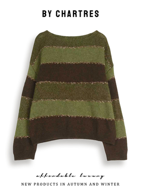 2025秋冬新款条纹针织衫  休闲宽松廓形圆领套头衫 薄款打底衫女