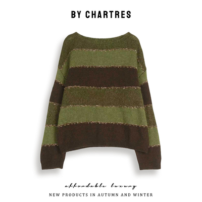 2025秋冬新款条纹针织衫  休闲宽松廓形圆领套头衫 薄款打底衫女