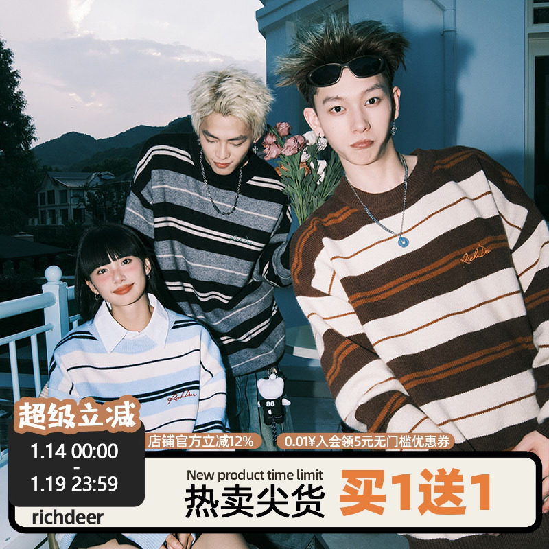 RICHDEER美式复古北极绒男女条纹针织衫情侣外套撞色圆领长袖毛衣,男装,针织衫/毛衣,淘宝优惠券,粉丝福利购,淘宝优惠卷
