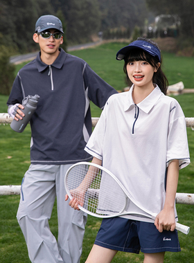 ADERBEN美式休闲短袖T恤男女夏季休闲半拉链翻领撞色拼接宽松上衣