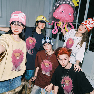 ADERBEN潮牌粉红狮子印花纯棉T恤男2026夏季 上衣 圆领套头休闲短袖