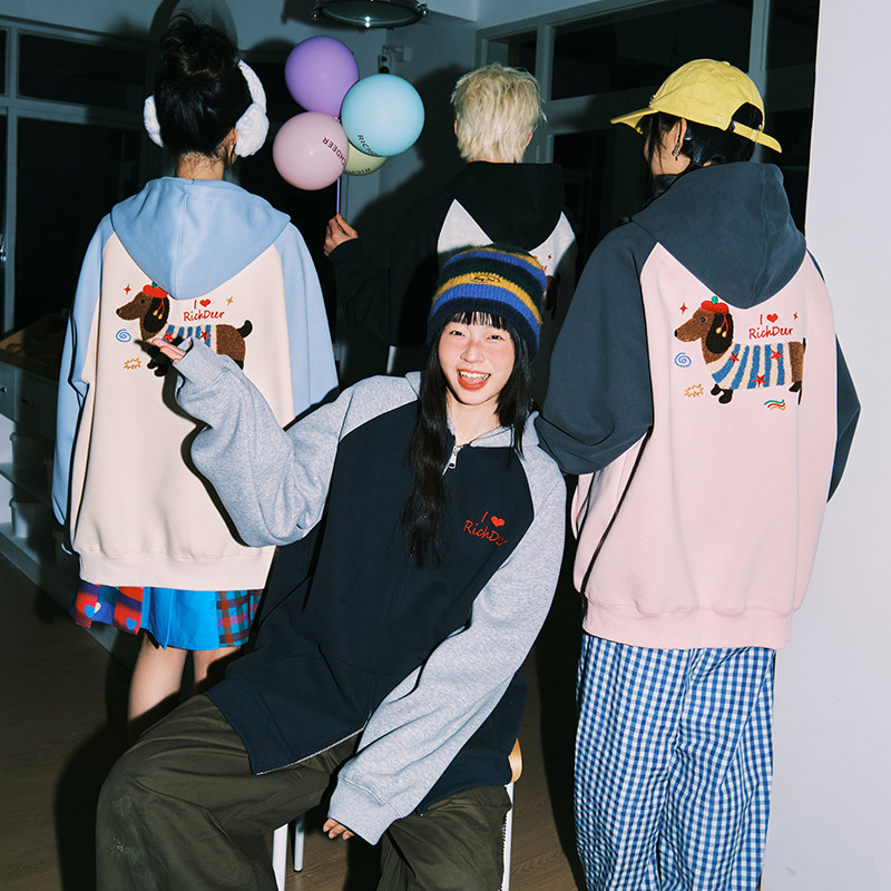 RICHDEER420g重磅腊肠狗毛巾绣春秋开衫连帽情侣潮牌套头帽衫外套,男装,卫衣,淘宝优惠券,粉丝福利购,淘宝优惠卷