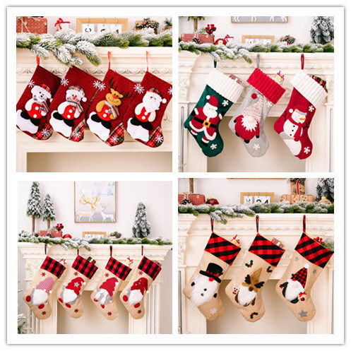 包邮圣诞节装饰品红黑格子森林老人麻布圣诞袜针织雪花红色礼物袋