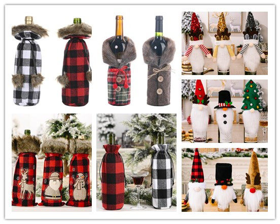新款圣诞居家带腿酒瓶套礼品袋绒球格子红酒套餐酒吧KTV桌装饰品