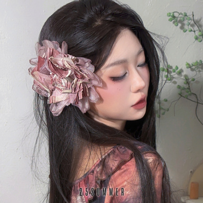 25SUMMER原创 胭脂 甜美氛围感布艺扎染粉色花朵边夹大花发夹头饰