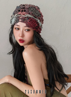 25SUMMER复古文艺彩色羊毛手工编织钩花帽子流浪风镂空包头帽多色