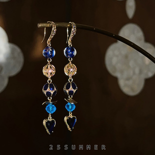25SUMMER原创 中古风宝蓝色琉璃景泰蓝珠串耳环气质复古耳夹 群青