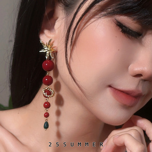 气质吉祥耳环女 轻奢高级感红朱砂旺财耳饰长款 25SUMMER原创 赤艳