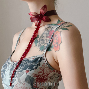 25SUMMER原创 红莲小众设计红色水晶蝴蝶耳环花朵choker皮项圈女