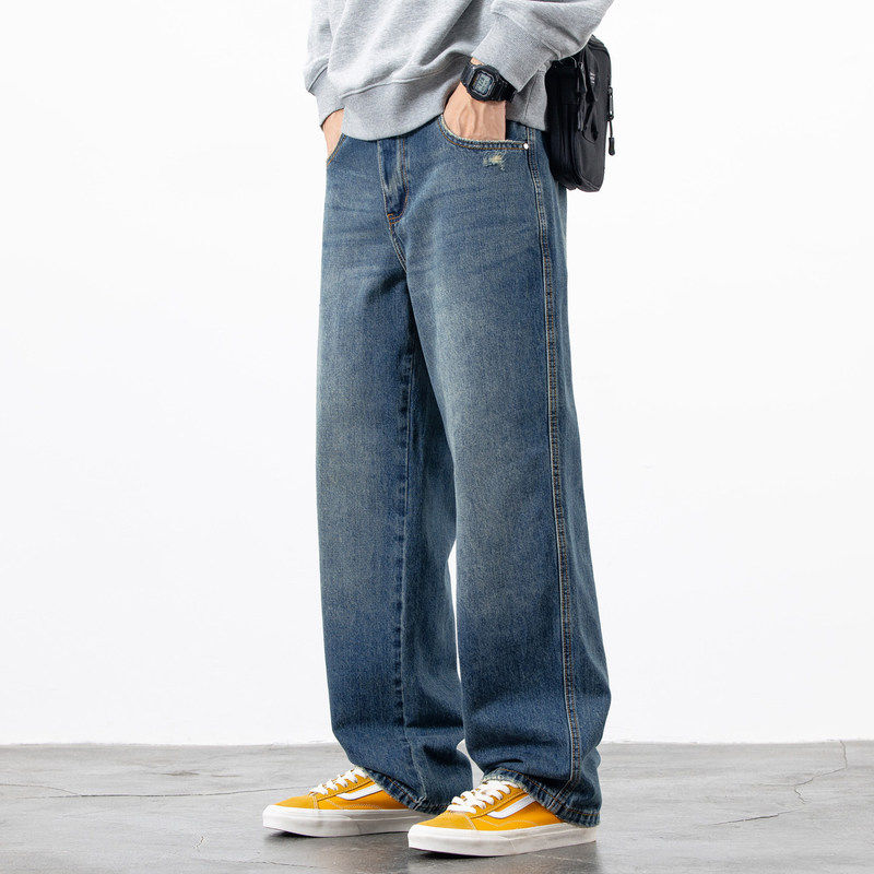 秋冬新款牛仔裤男士直筒宽松阔腿大码潮流休闲复古水洗蓝色长裤子