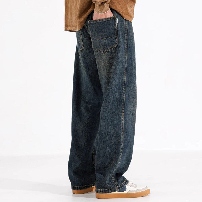 2025秋冬加绒牛仔裤男士美式复古做旧蓝色休闲直筒宽松阔腿长裤子