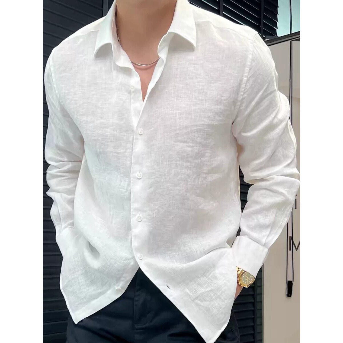 palm city春夏高级感防晒服亚麻纯色长袖衬衫男宽松百搭白色衬衣