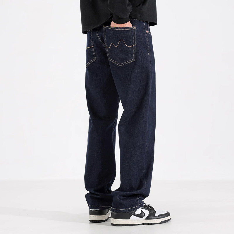 秋冬加绒弹力直筒牛仔裤男美式百搭深蓝色复古水洗休闲原色长裤子