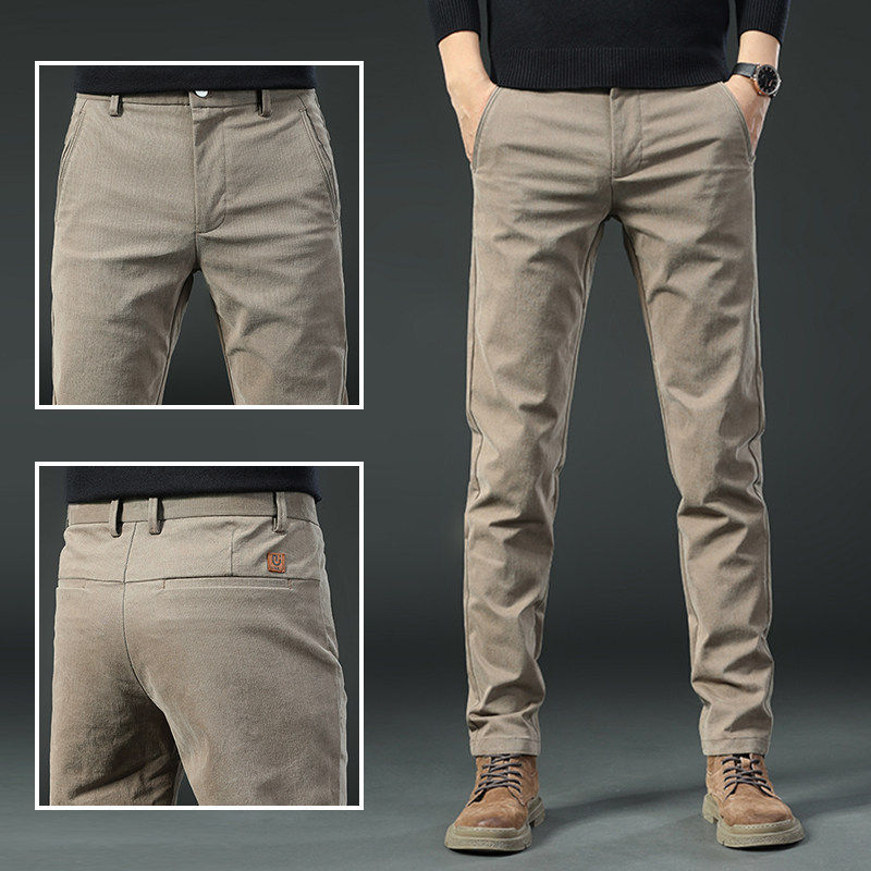 香港高端卡其休闲裤男士修身直筒商务弹力秋冬加绒百搭韩版长裤子
