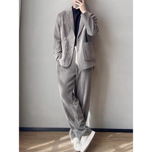 韩国Uamtor休闲西服套装男2025秋冬韩版潮流灯芯绒宽松休闲两件套