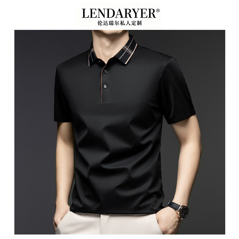 LENDARYER短袖T恤男夏季新款凉感宽松休闲商务翻领薄款黑色上衣男