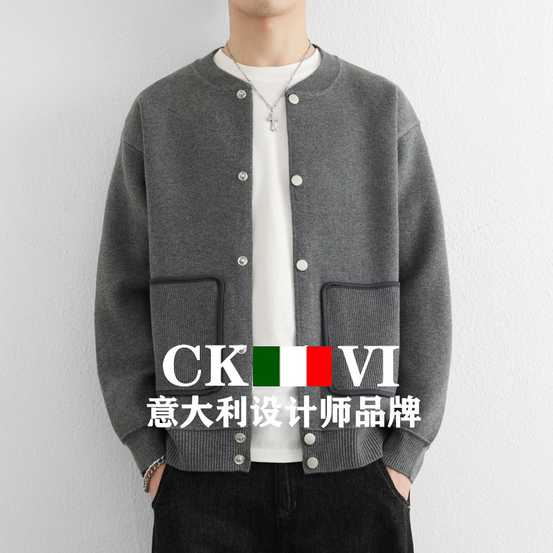 官方正品CKvi复古撞色羊毛针织开衫男慵懒风宽松圆领羊绒毛衣夹克