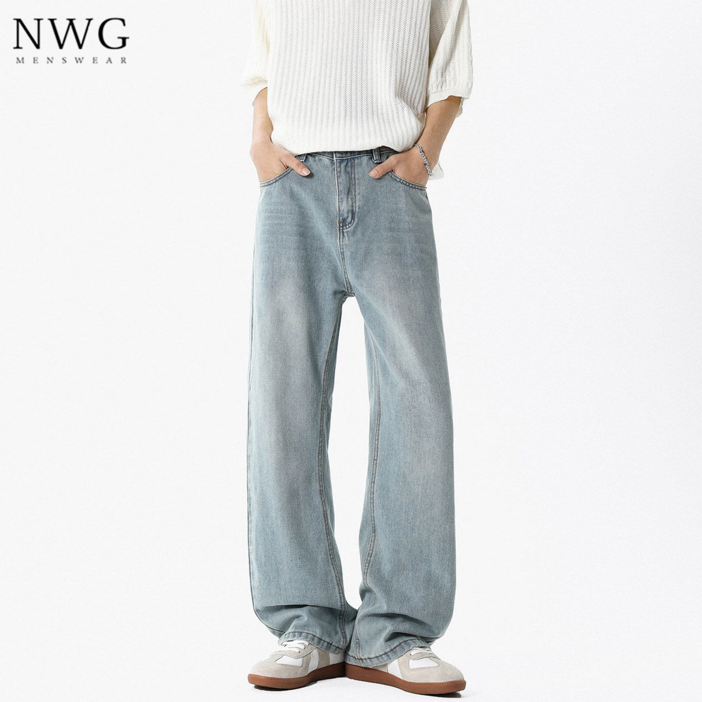 浅蓝色水洗牛仔裤男春秋季美式高街宽松直筒微喇阔腿裤子休闲长裤
