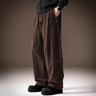 意大利重磅灯芯绒咖色休闲裤男士秋冬季新款宽松阔腿美式弯刀裤子