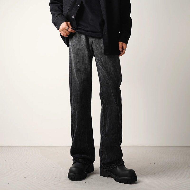 秋冬新款灰黑色渐变水洗微喇牛仔裤男潮牌宽松阔腿休闲直筒长裤子