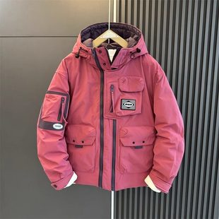 高端粉红色连帽羽绒服男士冬季2025新款多口袋加厚冲锋衣外套男款