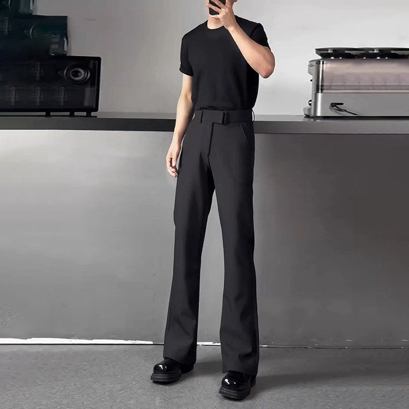 Aymelon薄款黑色微喇小西裤男秋季修身显瘦痞帅休闲直筒西装裤