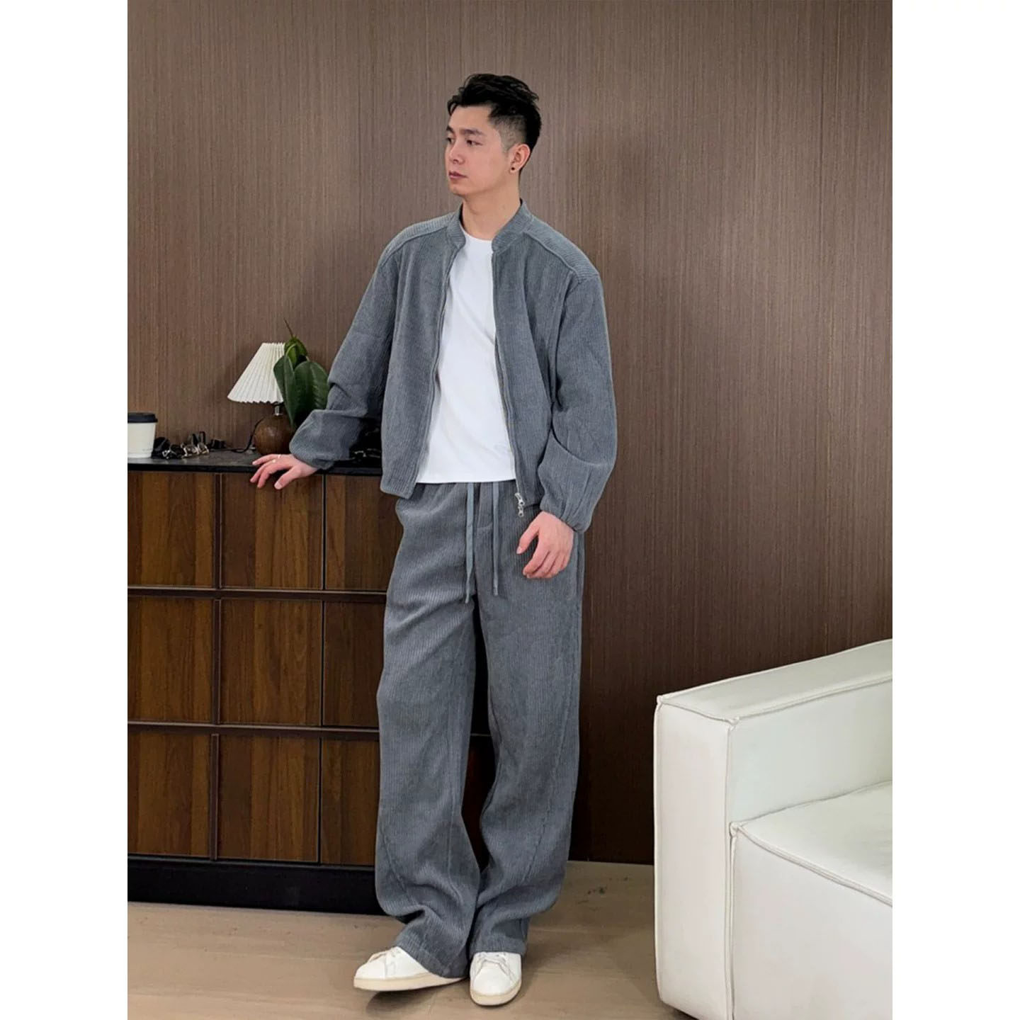 Uamtor灰色立领短款灯芯绒套装秋冬季休闲外套男高级感运动一整套