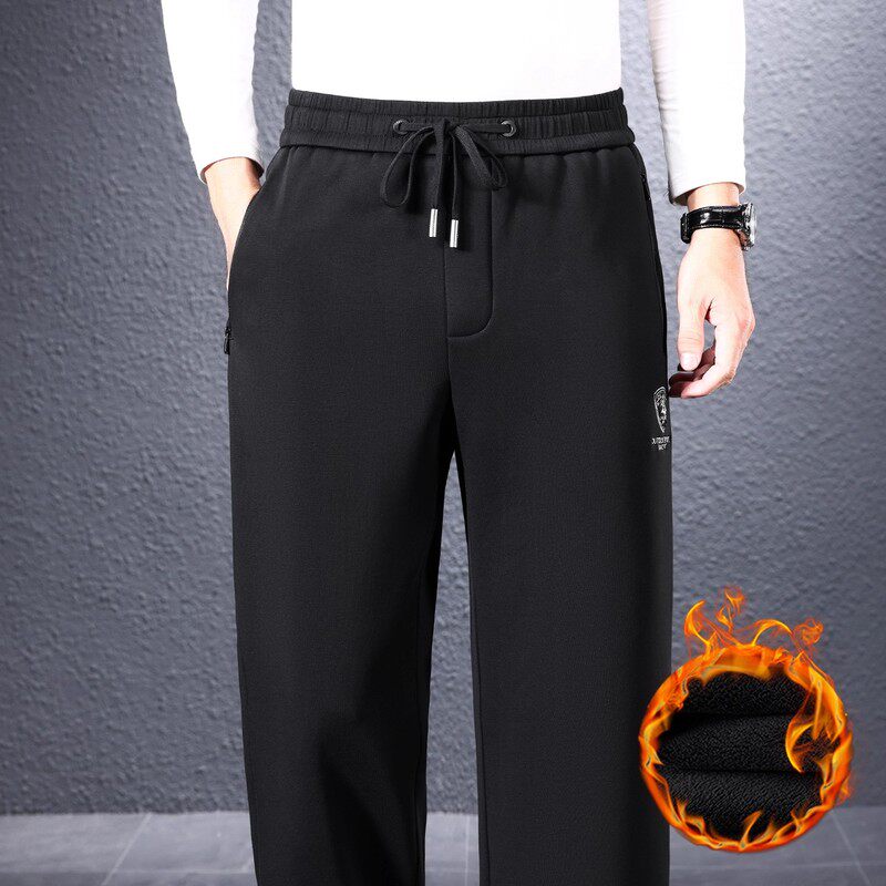 意大利冬季加绒保暖休闲裤男士宽松直筒中年爸爸加厚纯棉运动卫裤