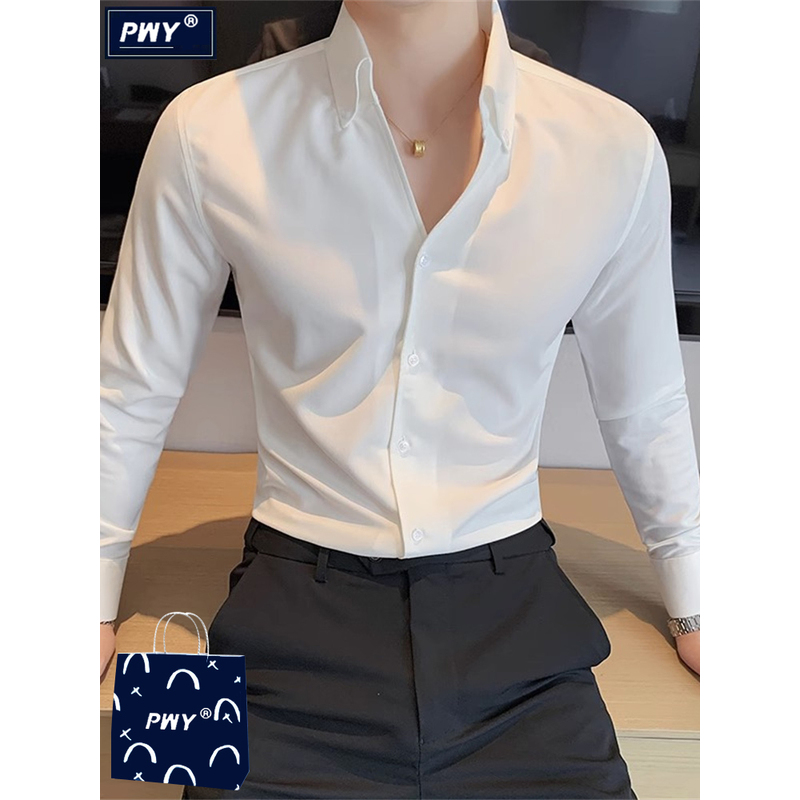 潮牌痞帅V领长袖衬衫男春秋季2025新款法式英伦修身白色商务衬衣