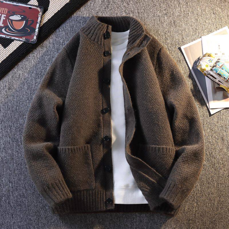 高端单排扣开衫针织外套男士2026新款冬季宽松加厚编织线毛衣男款