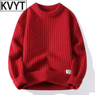 加厚针织衫 潮牌复古圆领毛线衣男款 上衣 新款 红色毛衣男2026年冬季