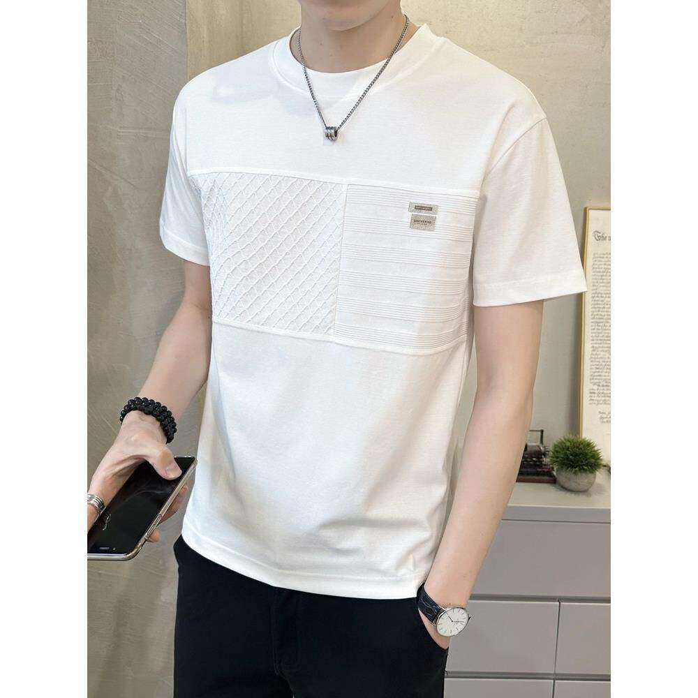 2026夏季新款拼接条纹圆领短袖男冰丝棉潮流修身凉感白色T恤男装
