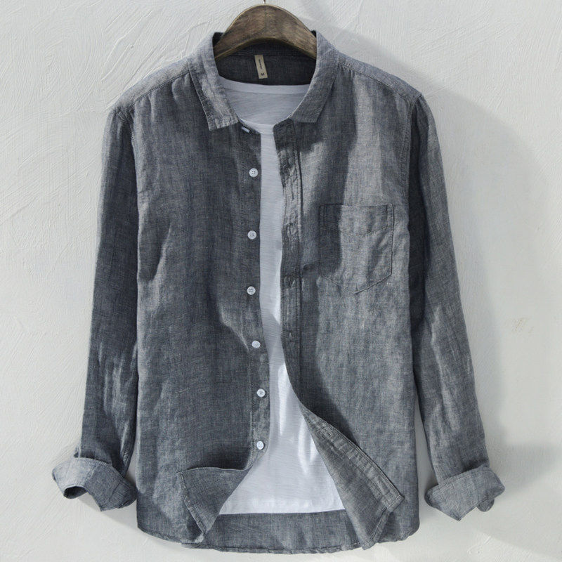 轻熟风春夏季亚麻衬衫外套男长袖宽松休闲棉麻衬衣外穿上衣复古潮