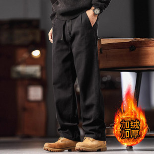 HS美式复古重磅休闲裤男秋冬季加绒加厚潮牌宽松直筒松紧腰长裤子