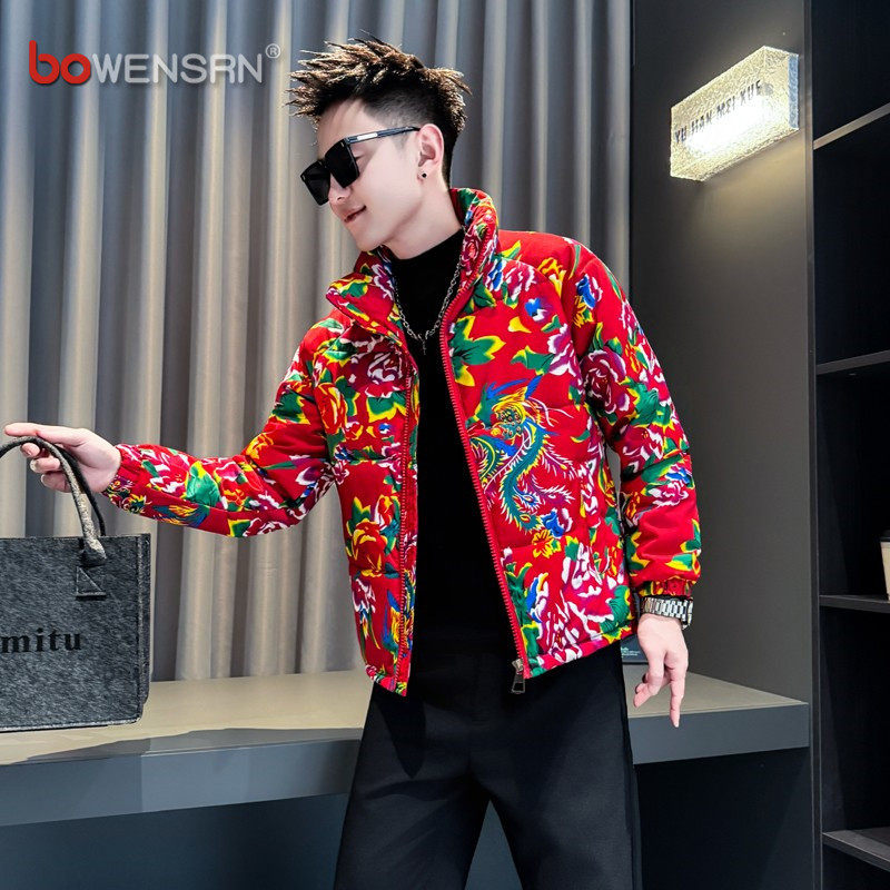 东北喜庆花棉袄男士外套2025新款冬装棉服痞帅气立领加厚夹克男款