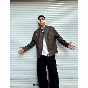 美式 痞帅立领机车服休闲宽松真皮夹克 复古皮衣外套男秋冬2025新款