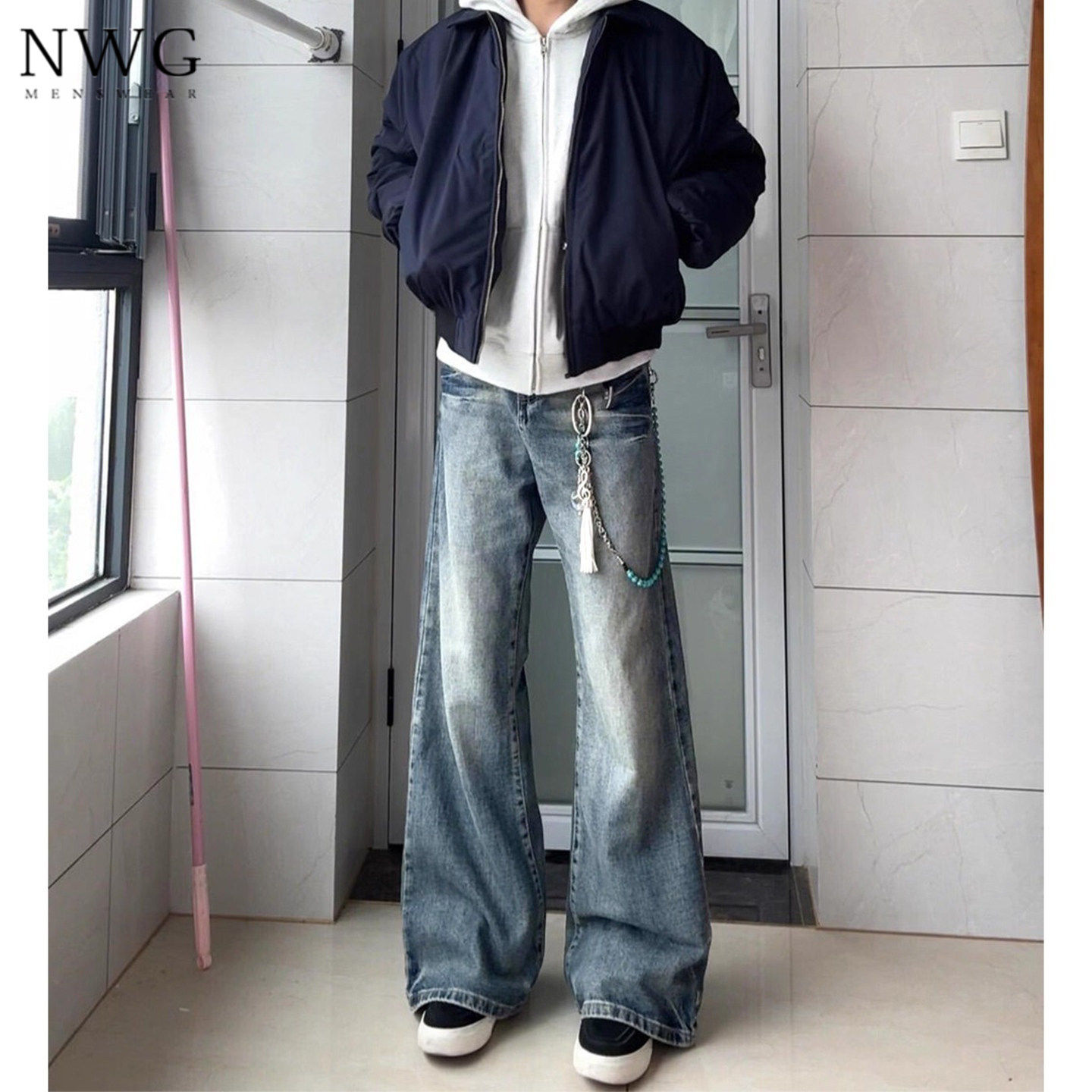 微喇牛仔裤男春秋季新款美式高街宽松直筒弯刀阔腿裤子男休闲长裤