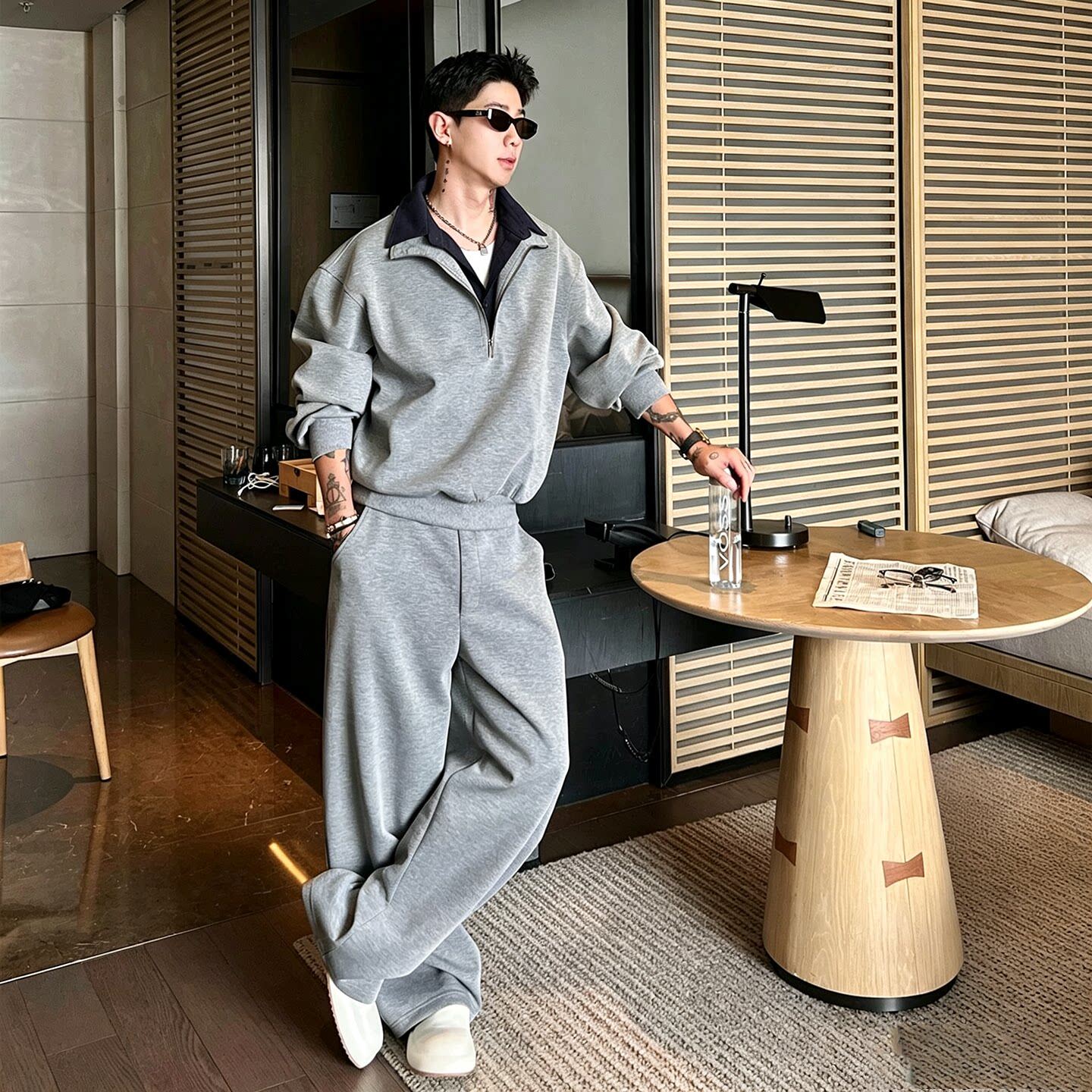 Uamtor假两件重磅半拉链卫衣套装男秋冬美式宽松卫衣直筒卫裤一套