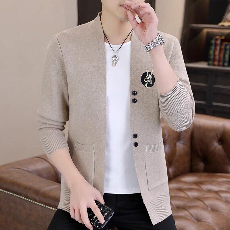 高端男士毛衣开衫外套2026春秋新款羊毛针织衫男外穿刺绣潮流薄款
